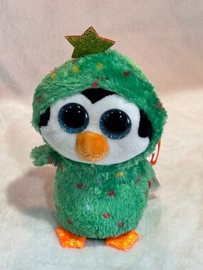 Ty Green Holiday Penguin Plush with Blue Glitter Eyes and Orange Beak